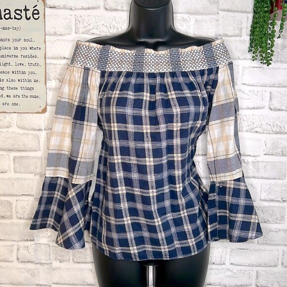 LOFT Off The Shoulder Plaid Flare Sleeves Shirt Top Blouse Boho Hippie Small - Picture 2 of 8